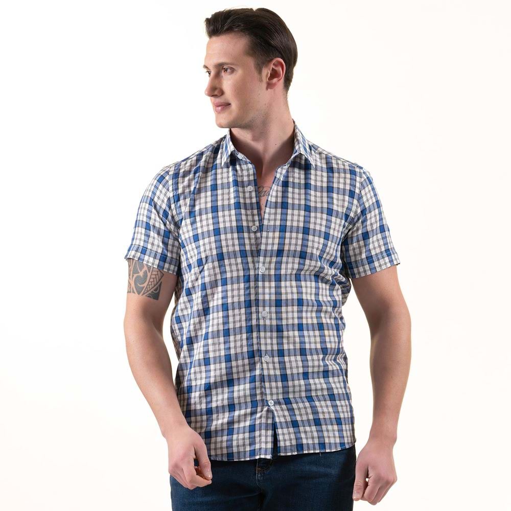 Blue White Plaid Checkred Men's Short Sleeves Shirt