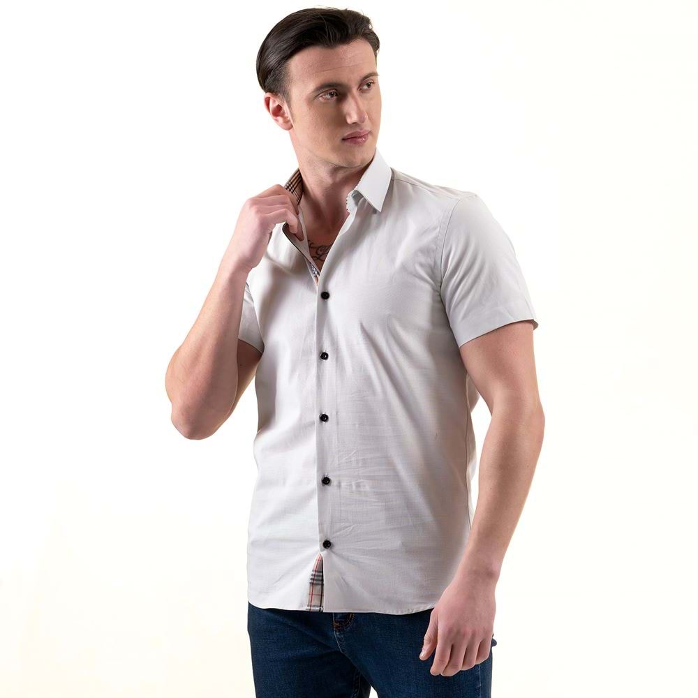 Gray with Collar inside Printed Designer Men's Short Sleeves Shirt