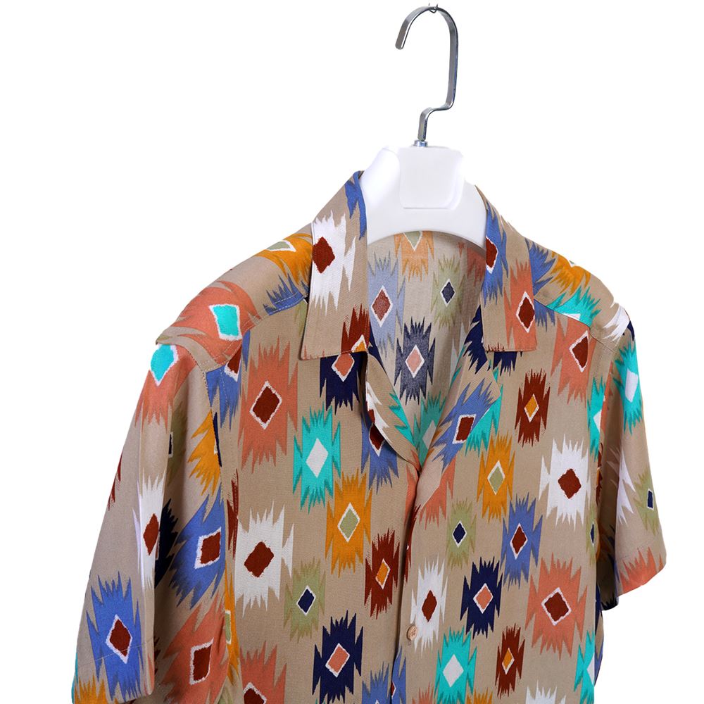 Beige Ethnic Digital Print Colorful Camp Collar Men's Short Sleeves Shirt