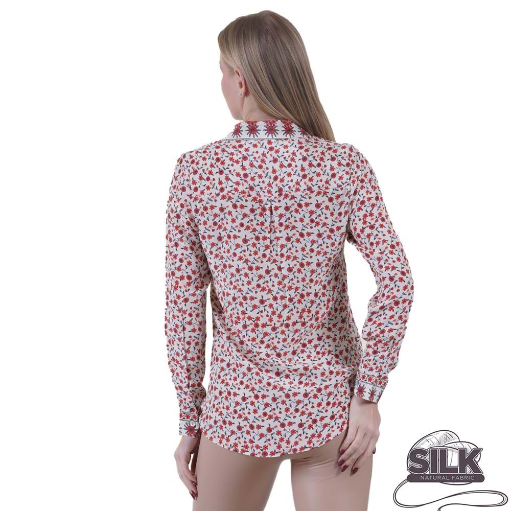 Beige with Red Floral 100% Pure Silk Women's Shirt