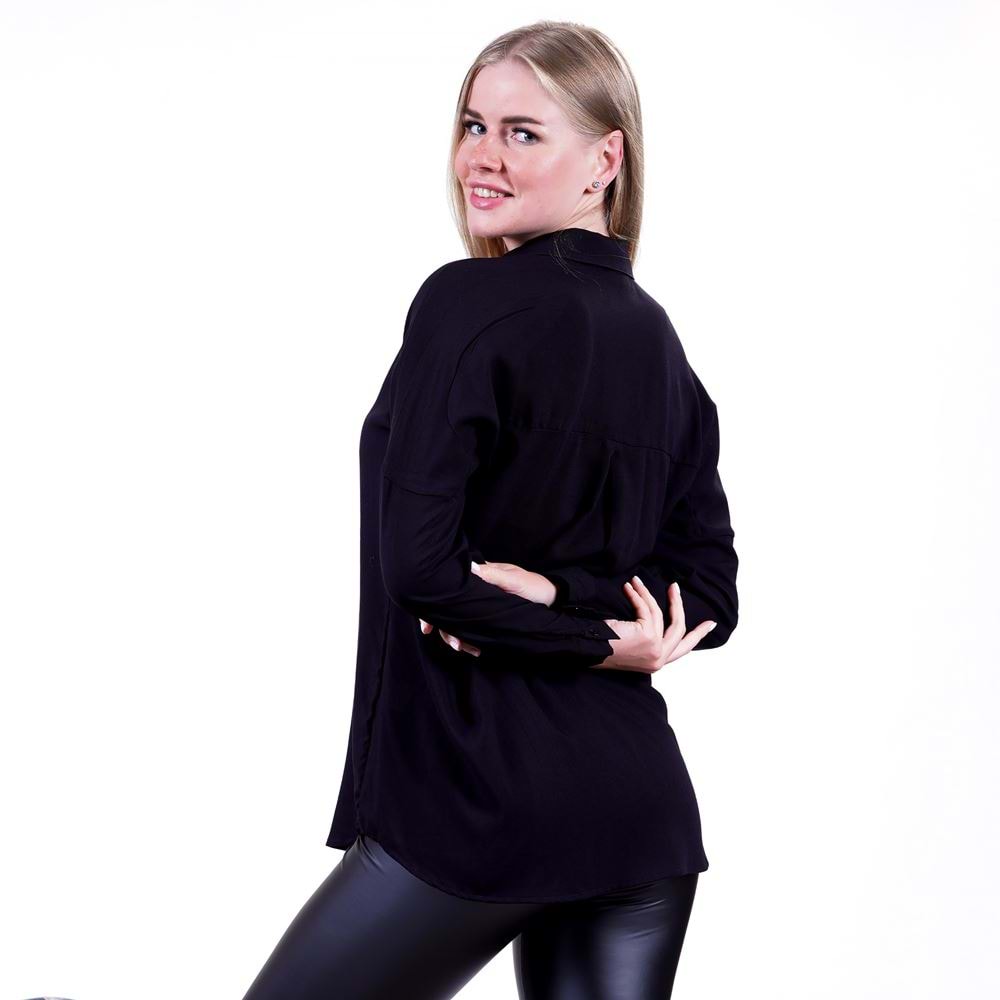 Black Solid Monocolor Viscose Women's Long Shirt