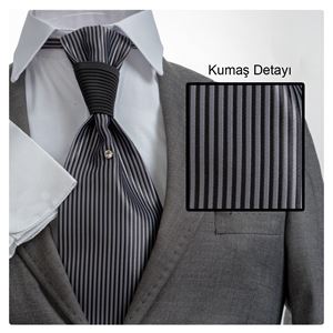 Gri Siyah Elegant Jakar Dokuma Tuxedo Tie Set