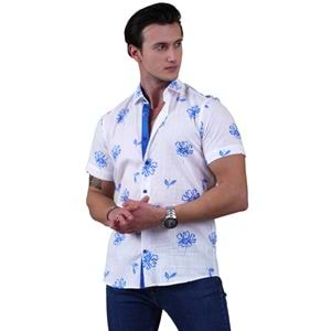 Blue Floral Printed on White Soft Washed Cotton Men's Short Sleeves Shirt