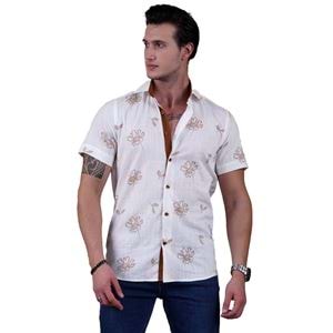 Cappucino Floral Printed on White Soft Washed Cotton Men's Short Sleeves Shirt
