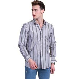 Gray Black Striped French Cuff Shirt