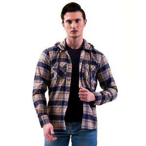 Golden and Blue Plaid Double Pockets Wool Men's Hooded Shirt