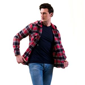 Red and Navy Plaid Double Pockets Wool Men's Hooded Shirt