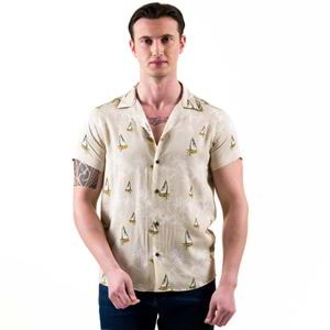 Beige with Boat Printed Vacation Men's Camp Collar Vacation Shirt