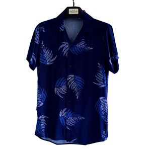 Blue and White Leaves Printed Men's Camp Collar Vacation Shirt