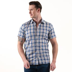 Blue White Plaid Checkred Men's Short Sleeves Shirt