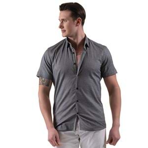 Gray Oxford Cotton with Contrast Placket Men's Short Sleeves Shirt