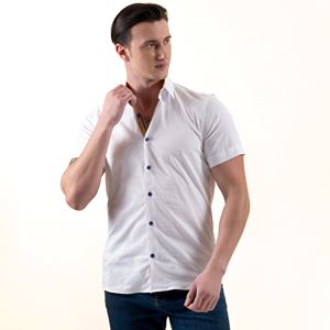 White Linen with Collar inside Printed Designer Men's Short Sleeves Shirt